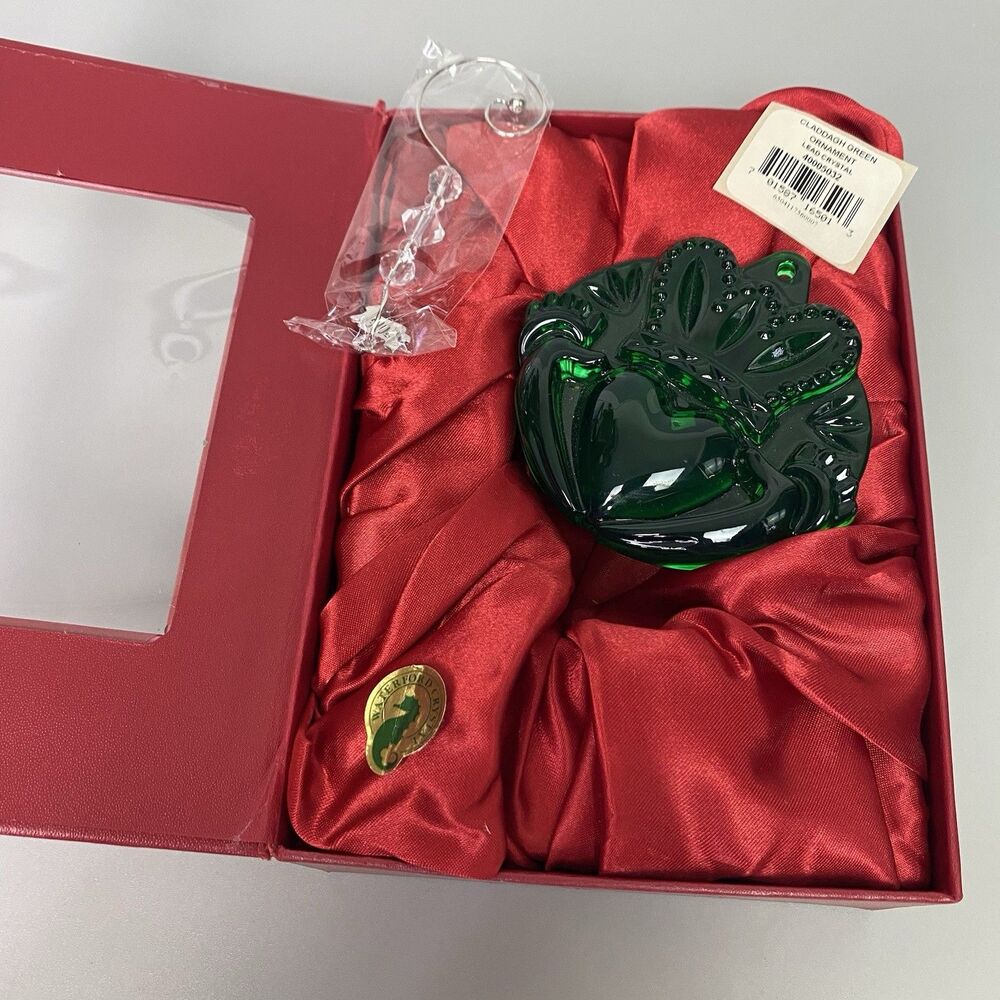 Waterford Claddagh Green Emerald Crystal Christmas Ornament w/ enhancer & Box